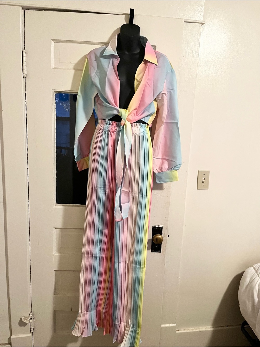 love J Pastel Rainbow Wide-Leg Pants with Matching Tie-Front Top